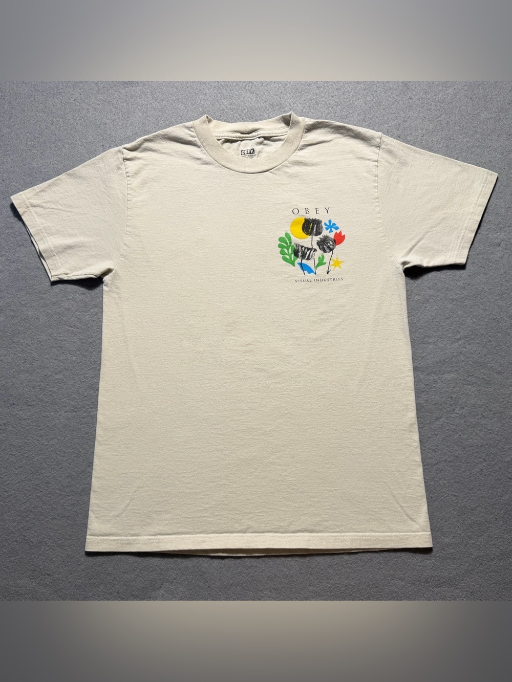 Obey Flowers Papers Scissors Classic T-Shirt Men’s Small Cream Graphic